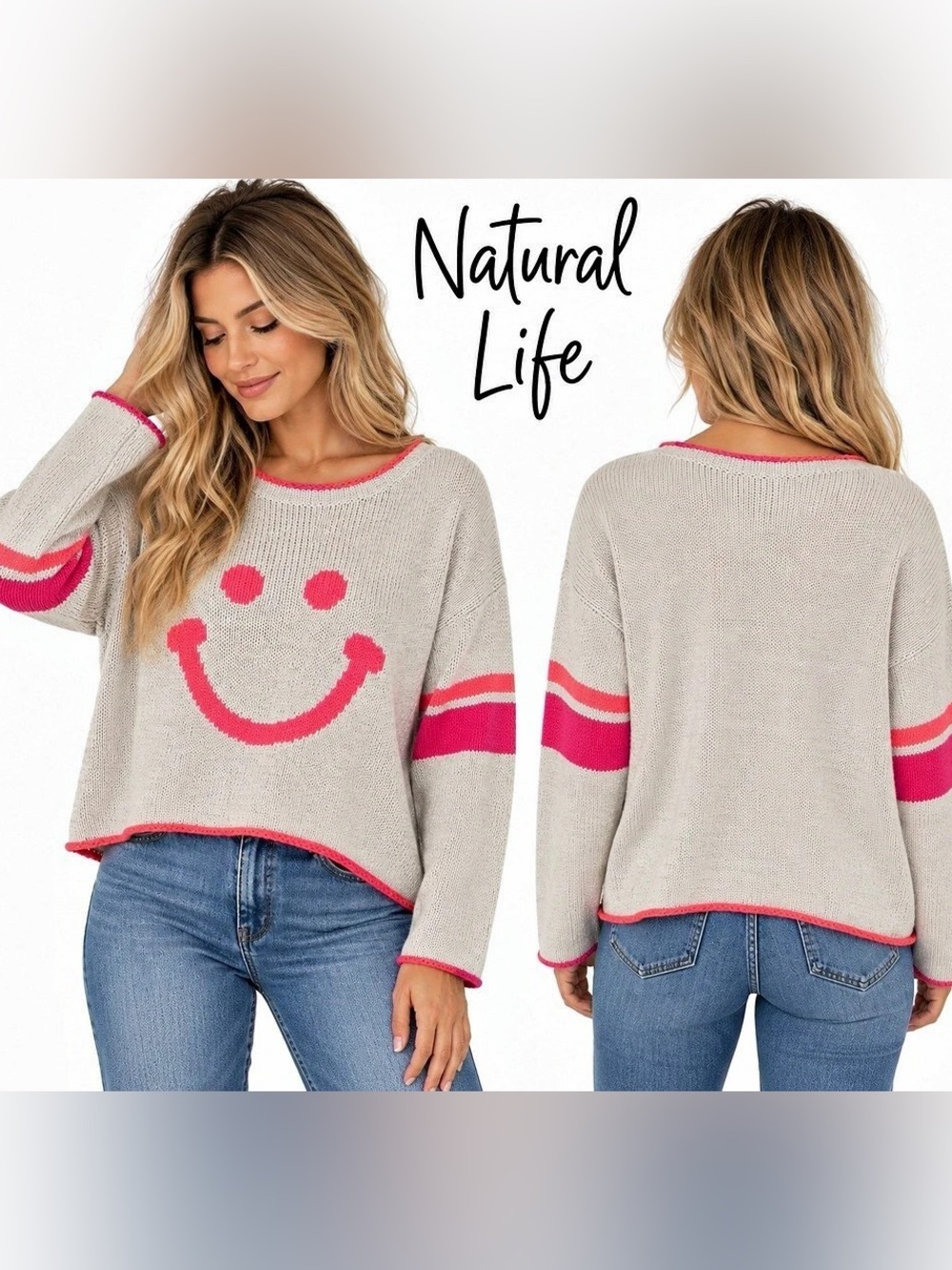 Natural Life Smiley Face Sweater XS/S Gray Pink Coral Cotton Blend Oversized